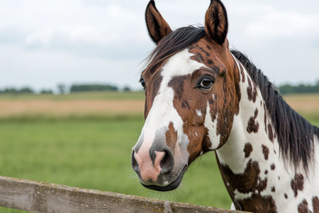 Closeup of a spotted horse in a fieldの素材