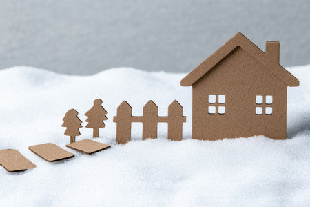 Cozy winter scene with wooden house and trees in snowの素材