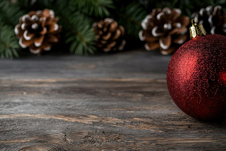 festive christmas ornament and pine cones on rustic wooden backgroundの素材