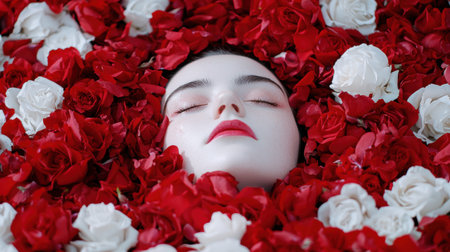woman surrounded by red and white rosesの素材