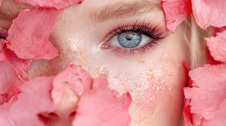 close-up of a woman's eye surrounded by pink flowersの素材