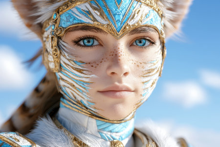 Enchanting portrait of a mysterious woman in a golden feathered maskの素材