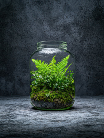 Lush green terrarium with ferns and mossの素材