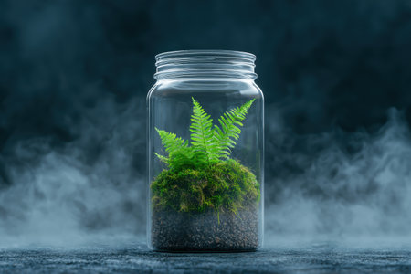 Fern plant in glass jar with smoke effectの素材