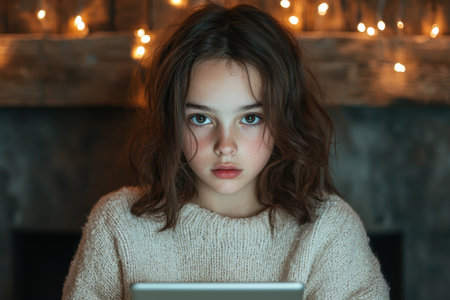 young woman with dark hair and blue eyes looking thoughtfulの素材