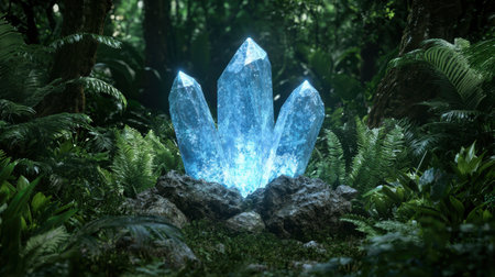 Glowing crystal formation in lush jungle landscapeの素材