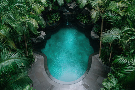 Tropical oasis with lush greenery and inviting poolの素材