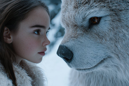a young woman gazing into the eyes of a large white bearの素材