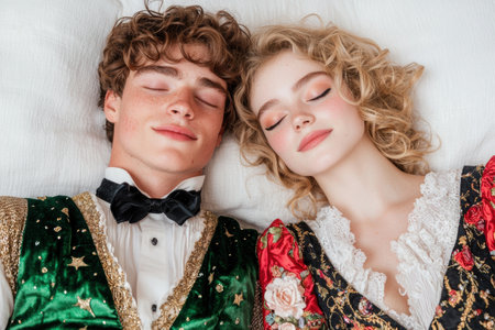 Elegant young couple in formal attire resting togetherの素材
