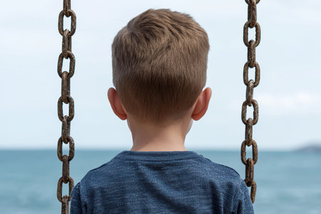 boy on swing overlooking the oceanの素材