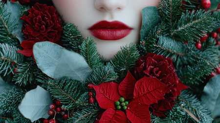 festive holiday makeup and floral arrangementの素材