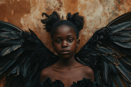 young african woman with dramatic black wingsの素材