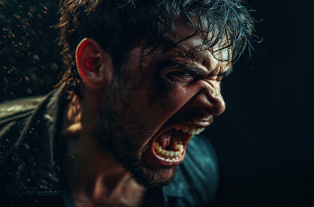 Intense facial expression of angry man with wild hairの素材