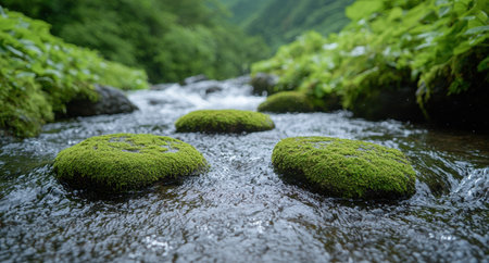 Lush green moss-covered rocks in a flowing streamの素材