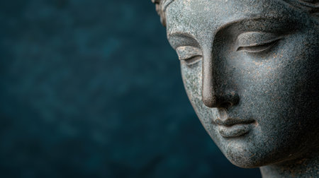 Serene stone buddha head with eyes closedの素材