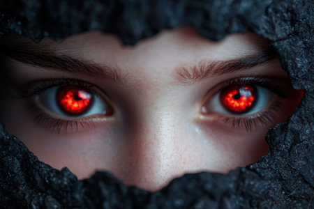 Mysterious glowing red eyes in the darkの素材
