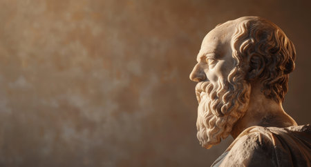 ancient philosopher statue in warm lightingの素材
