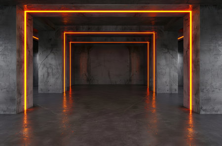 Glowing neon frames in dark industrial spaceの素材