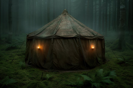 mysterious forest tent at nightの素材
