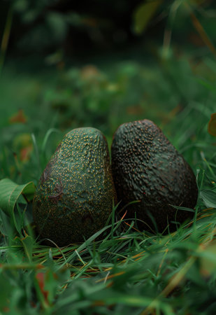 Ripe avocados in the grassの素材
