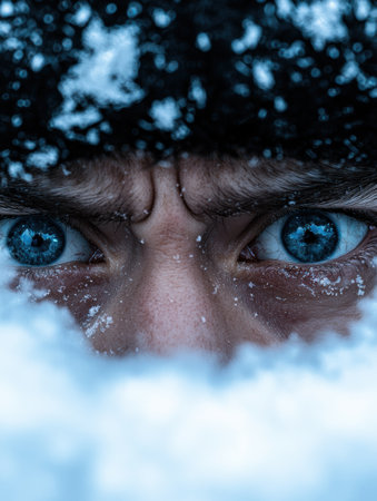 Icy blue eyes in the winter snowの素材