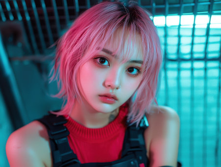 Vibrant portrait of a young woman with pink hairの素材