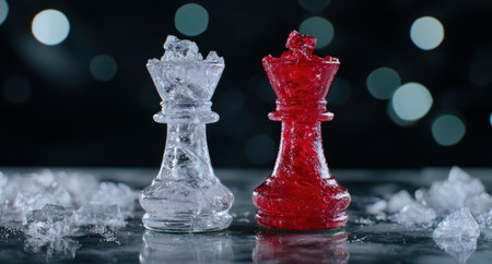 Icy chess pieces on reflective surfaceの素材
