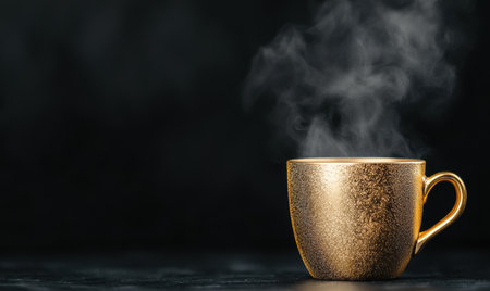 golden coffee mug with steamの素材