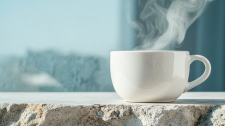 Steaming hot cup of coffee on a snowy winter dayの素材