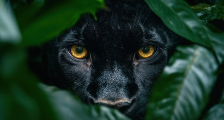 close-up of a black cat's face peering through leavesの素材