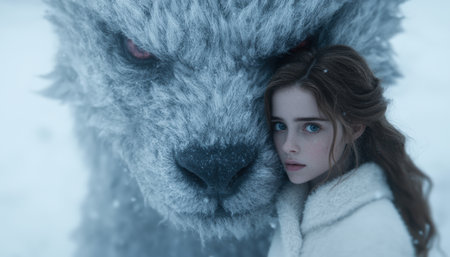 young woman in snowy forest with large wolfの素材