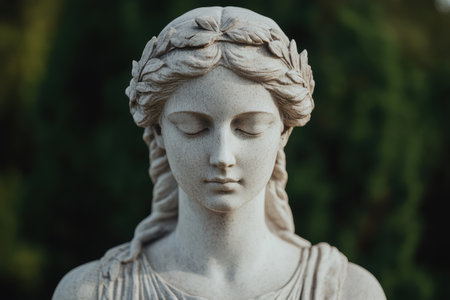 Serene stone sculpture of a woman's face with closed eyesの素材