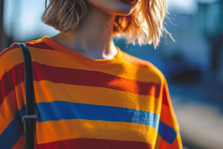 Colorful striped shirt on person in sunlightの素材