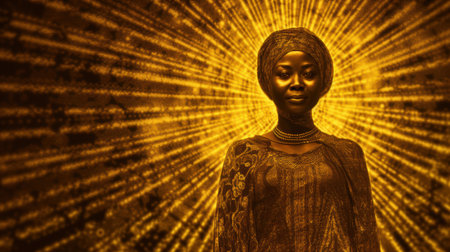 golden goddess figure with radiating lightの素材