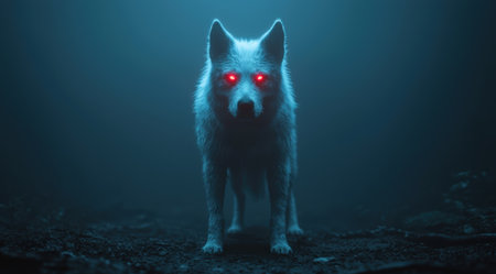 Glowing red-eyed wolf in the dark forestの素材