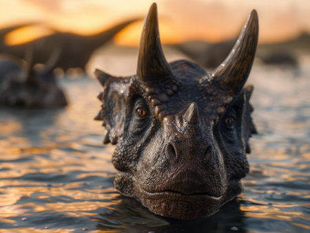 Majestic horned reptile in tranquil waters at sunsetの素材