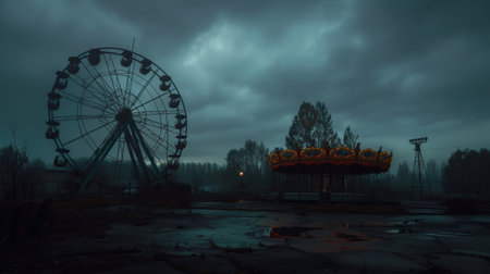 Abandoned amusement park at nightの素材