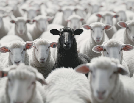 Flock of sheep with a black sheep in the centerの素材