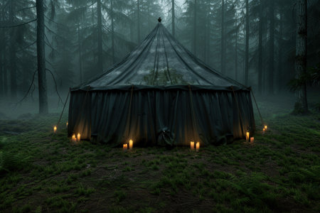 mysterious dark forest tent with candlesの素材