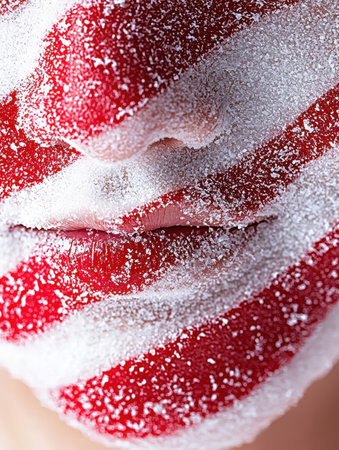 Extreme close-up of a pair of red, glittering lipsの素材