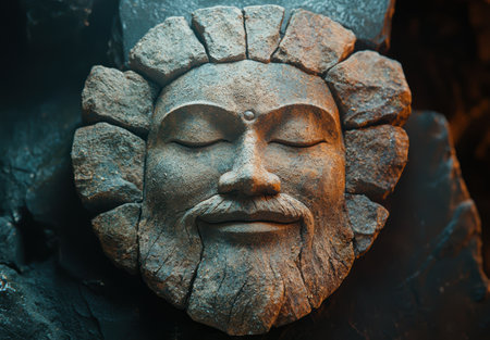 Carved stone face with closed eyes and beardの素材