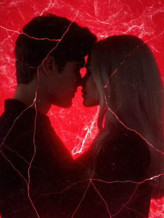 Silhouette of two people in a passionate embrace against a dramatic red backgroundの素材