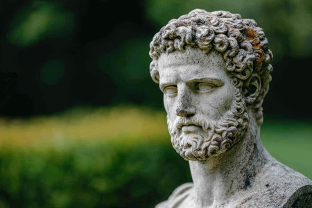 Weathered stone statue in a lush green gardenの素材