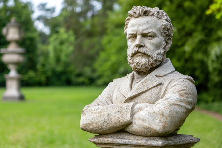 Ornate stone statue of a bearded man in a parkの素材