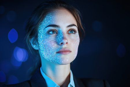 Sparkling blue face of a thoughtful womanの素材