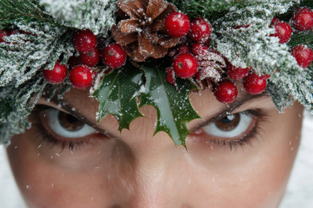festive winter face with holly and berriesの素材