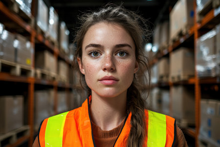 young woman in warehouse with safety vestの素材