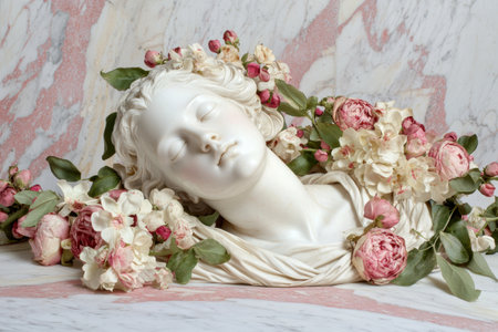 Sleeping cherub statue surrounded by pink and white flowersの素材