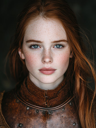 Captivating portrait of a young woman with vibrant red hair and striking blue eyesの素材
