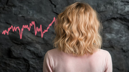 Blonde woman with wavy hair standing in front of a black wall with a pink heartbeat graphの素材